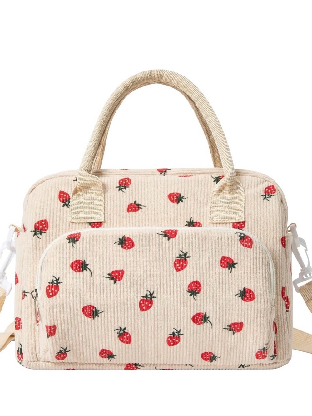 Large Strawberry Print Cream Lunch Tote